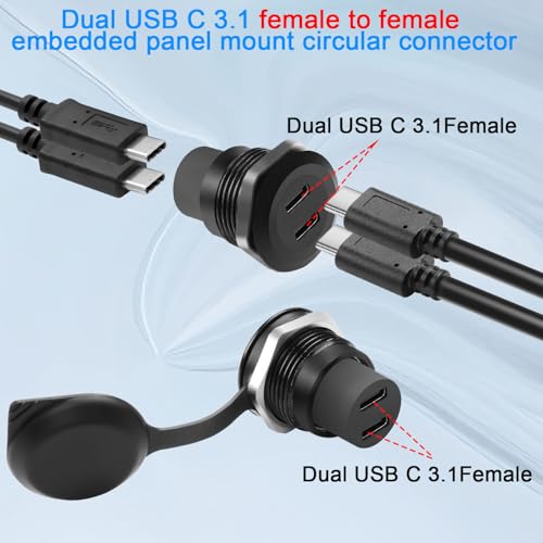 QIANRENON 10Gbps Dual USB C 3.1 Threaded Fixed Mount Adapter 2 Port USB Type C 3.1 Female to Female Embedded Panel Mount Circular Connector, Dust Cover, Installed in Dashboard Device Panel