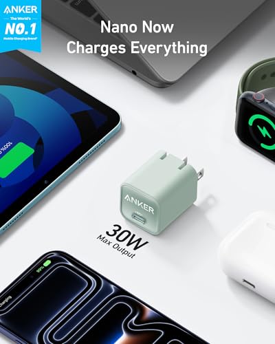 Anker Nano Phone Charger, USB C GaN Charger 30W, PIQ 3.0 Foldable PPS Fast Charger USB C for iPhone 17/16 and More Series, Galaxy, iPad, Compatible with MagSafe - color: green