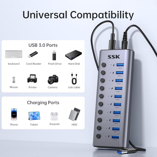 SSK 10 Port Powered USB 3.0 Hub, 60W USB Charging Hub USB Extender Hub | Simultaneous Fast Charge,5Gbps Data Transmission,Individual Switches,DC 12V5A Power Adapter,3.96ft/1.2m Cable,Aluminium