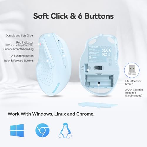 TECKNET Wireless Mouse, 2.4G Ergonomic Computer Mouse, 2600 DPI, Lightblue | Ergonomic Design with Side Grips, Adjustable DPI, 2-Year Battery, Compact Size, USB-A Plug & Play, Wide OS Compatibility - color: Lightblue