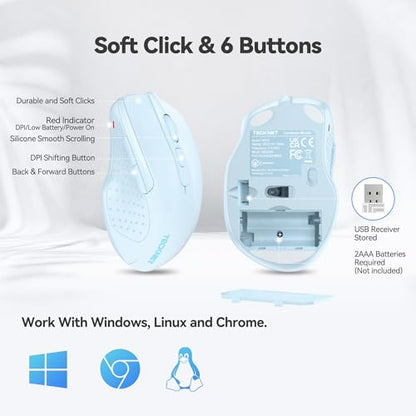 TECKNET Wireless Mouse, 2.4G Ergonomic Computer Mouse, 2600 DPI, Lightblue | Ergonomic Design with Side Grips, Adjustable DPI, 2-Year Battery, Compact Size, USB-A Plug & Play, Wide OS Compatibility - color: Lightblue