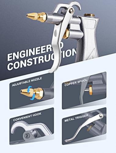 Industrial Air Blow Gun with Brass Adjustable Air Flow Nozzle Kit | Extra 2 Steel & Copper Air Extension, Brass 1/4" Standard Quick Connector, Air Compressor Accessory Tool for Dust Cleaning