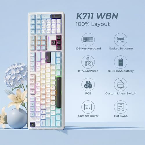 Redragon K771 Wireless Mechanical Keyboard, 108-Key Gaming Keyboard with 4 Extra Hotkeys, 5-Layer Noise Dampening, Pre-lubed Linear Switches, Hot-swap Custom RGB Keyboard for PC/Mac - Blue&White - color: Blue-White