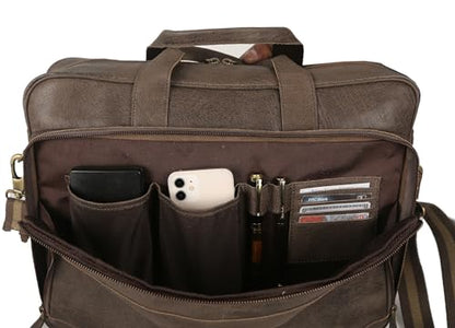 KomalC Leather briefcase 16 inch Laptop Messenger Bag for Men and Women Best Office Satchel Bag - color: Grey