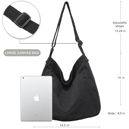 Canvas Tote Bag Casual Hobo Crossbody Shoulder Bag for Women and Men Large Purse Messenger Bag Travel Work - color: 0-black