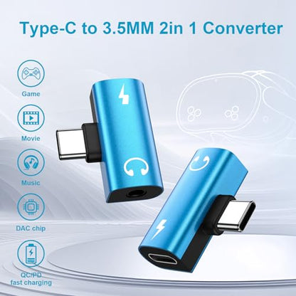 USB C to 3.5mm Headphone and Charger Adapter,2in1 USB C to Aux Jack Adapter | Audio Adapter with PD 60W Fast Charging Dongle Cable Convertor for Samsung Galaxy S26 Ultra/S25 FE/A17/A16/Z Flip7 iPhone 17 - color: blue