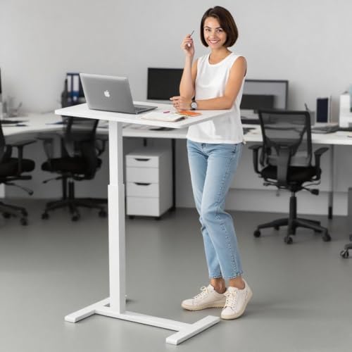 GallopFun Rolling Teacher Standing Desk with Hidden Wheels,Pneumatic Mobile Laptop Table Height Adjustable Small Sit Standing Desk for Home Office,White - color: White