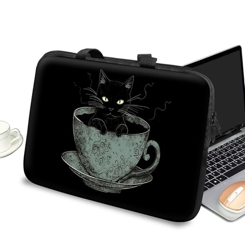 Universal Laptop Case Sleeve 10 inch with Handle and Zipper, Kids Tablet Carrying Case Messenger Bag Portable Tote Bag for 7-10 inch iPad/Notebook/eBook/Readers, Black Cat Coffee Cup - color: Black Cat Coffee Cup, size: 10 inch