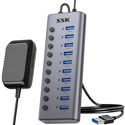 SSK 10 Port Powered USB 3.0 Hub, 60W USB Charging Hub USB Extender Hub | Simultaneous Fast Charge,5Gbps Data Transmission,Individual Switches,DC 12V5A Power Adapter,3.96ft/1.2m Cable,Aluminium
