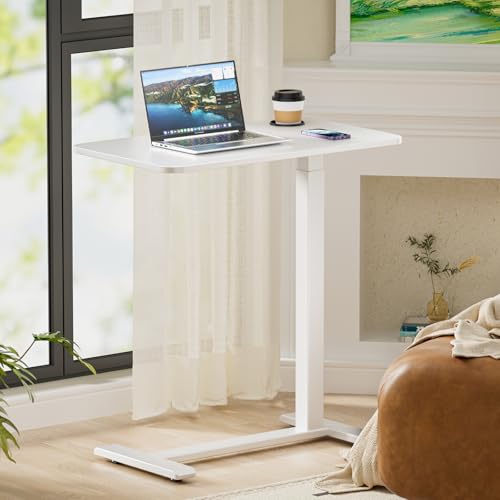 BIZUM Adjustable Hospital Bed Table on Wheels, Rolling Bedside Table White | Adjustable height 29.7-43.3in, 27.6x15.8in surface, cup holder, 22lb capacity, pneumatic lift, 4 swivel wheels - color: White