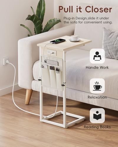 Vagusicc C Shaped End Table with Charging Station, Adjustable Height Side Table for Couch, Small Sofa Table C Table End Table, Slide Under Couch Table TV Tray Arm Table for Living Room, Bedroom, Cream - color: Cream White, style: With Plug