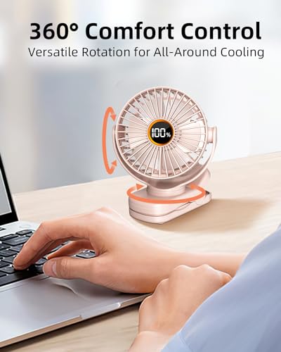 buywoo Portable Mini Personal Fan, Small Rechargeable Battery Powered Stroller Fan for Desk, Strong Clamp Grip, 360° Rotation, 3-Speed, LED Display, Clip On Cooler for Bed, Golf Cart, Office, Pink - color: Pink