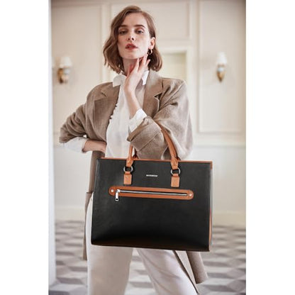 BOSTANTEN Leather Laptop Briefcase for Women Shoulder Bag 15.6 Inch Business Computer Work Tote - color: A-black