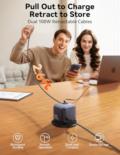 JOYROOM 5-in-1 USB C Charging Station, 140W Ultra-Fast 5-Port Desktop Charger with Dual Retractable 100W USB-C Cables (2.6ft), 1.54” Smart LCD Power Display for MacBook, iPhone, Home & Office