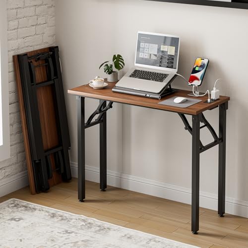 Frylr Small Folding Computer Desk – 35.8 Inch Portable Table for Craft and Study, Lightweight Desk for Small Spaces, Foldable Laptop Table Built-in AC/USB Outlets for Convenience, Dark Walnut - color: Dark Walnut, size: 35.8 X 15.7 Inch, style: With Power
