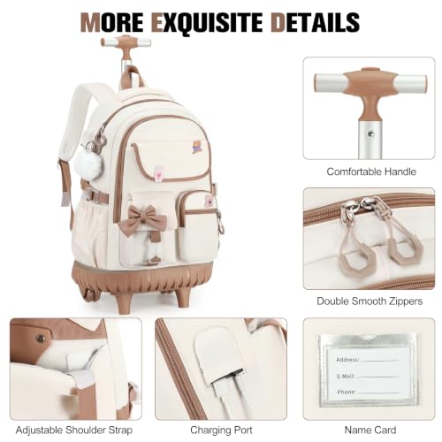 ACESAK Rolling Backpack for Girls - Roller Wheels School bag with Lunch Bag & Pencil Pouch for Teen Girls Kids Wheeled Suitcase Backpacks, Elementary Middle School Travel Daypack(Beige Khaki) - color: Beige Khaki