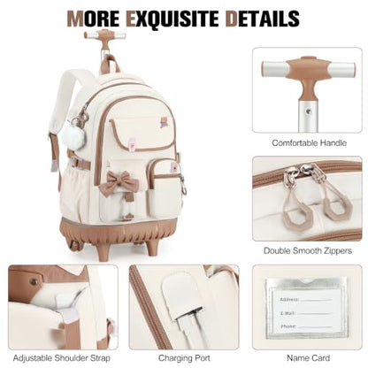 ACESAK Rolling Backpack for Girls - Roller Wheels School bag with Lunch Bag & Pencil Pouch for Teen Girls Kids Wheeled Suitcase Backpacks, Elementary Middle School Travel Daypack(Beige Khaki) - color: Beige Khaki