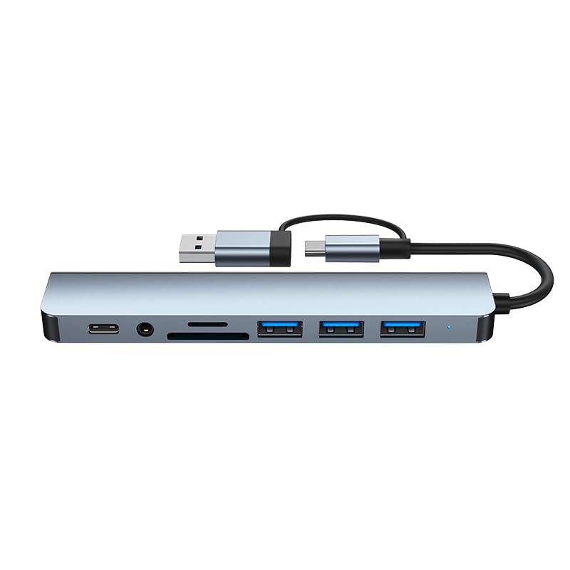 7-in-1 USB C Hub with 4 USB 3.0 Ports SD/TF Card Reader | Compatible with MacBook, iPad Pro, Dell, HP Laptops, Phones, Audio Output, Aluminum Shell, Plug and Play - color: Space gray