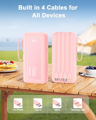 Portable Charger 27000mAh 30W Fast Charging Power Bank | Built-in Cables, LED Display, 6 Outputs & 2 Inputs, USB C Battery Pack, Compatible with iPhone, Samsung, Google - color: Pink, size: 27000Mah