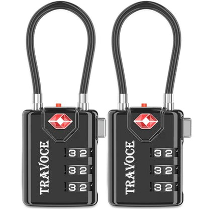 TRAVOCE TSA Approved Luggage Locks - Heavy Duty 3 Digit Combination Cable Lock, Search Alert for Suitcases, Backpacks, Golf Bags, Tents, Violin and Camera Cases, 2 Pack, Black - color: Black 2 Pack