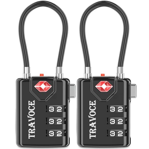 TRAVOCE TSA Approved Luggage Locks - Heavy Duty 3 Digit Combination Cable Lock, Search Alert for Suitcases, Backpacks, Golf Bags, Tents, Violin and Camera Cases, 2 Pack, Black - color: Black 2 Pack