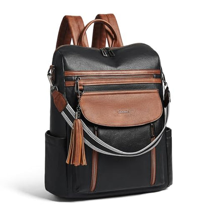 Laptop Backpack for Women 15.6 inch,Travel Leather Backpack Purse Nurse Teacher Carry on Backpack Computer Bag,Professional Water-Resistant College Business Work Casual Daypack,Black with Brown - color: Black With Brown