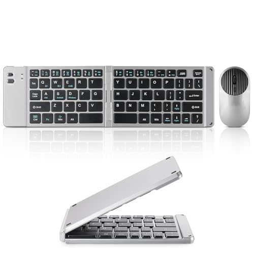 Mini Rechargeable Foldable Bluetooth Keyboard and Mouse Combo, Portable (Sync Up to 3 Devices), Ultra-Slim Travel Folding Keyboard for iPhone iPad Mac Android Windows iOS(Grey) - color: grey