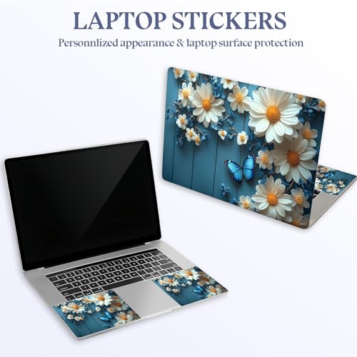 Universal Laptop Skin Sticker Decal,15.6 Inch Laptop Vinyl Cover for 13" 14" 15.6" Laptop,Scratch-Resistant Waterproof Protector Wrap,Reusable with Wrist Pads,Daisies and Blue Butterflies - color: Daisies and Blue Butterflies