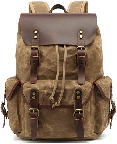 HuaChen Waxed Canvas & Leather Backpack for Men Women,Vintage Travel Rucksack,Large Daypack Casual Hiking Bag - M80 Khaki - color: Khaki, size: Large