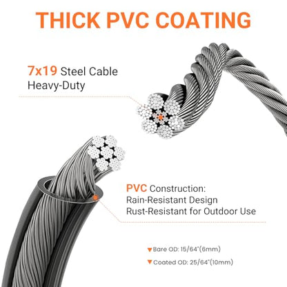 Security Cable with Loops, 12MM Heavy Duty Lock Cable, 4FT 7FT 10FT 15FT 25FT 30FT Vinyl Coated Rust-Proof Flexible Steel Bicycle Security Cable for Motorcycle, Furniture, Gates (Black, 4FT) - size: 4FT