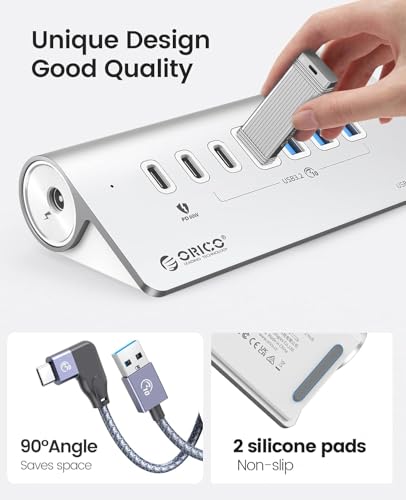 ORICO 7-Port USB 3.2 Gen2 Hub, Powered USB 3.2 Hub with 4 USB-A, 2 USB-C, PD 60W, 72W Power Adapter, 10Gbps Aluminium USB-Splitter with 3.28Ft USB-C to USB-C Cable for iMac, MacBooks, Mac mini - size: 100cm, style: M3U4C3
