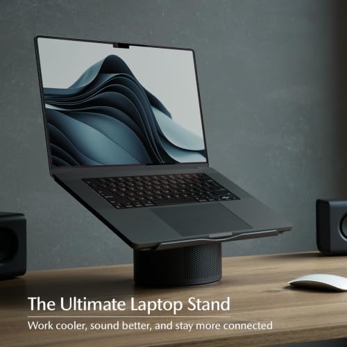 Mossion M1 Laptop Stand with Cooling Fan, Bluetooth Speakers & USB Hub - Titanium Gray | 360° Rotating Aluminum Ergonomic Laptop Stand for Laptops up to 18"