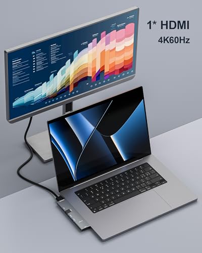 USB C Hub for MacBook, USB-C Hub 7-in-2, for Thunderbolt 4 Port, 4K 60Hz HDMI, Ethernet, 2 USB A Data Ports microSD SD Card Reader for MacBook Pro 13 Inch, MacBook Air M1 M2 M3 iPad Dell Lenovo
