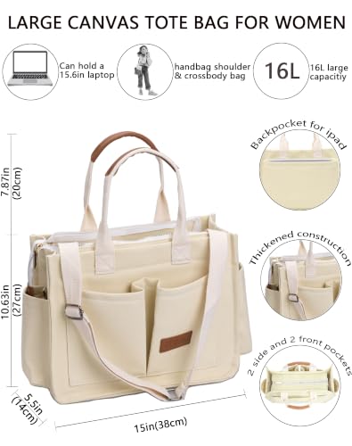 Canvas Tote Bag for Women,Women's Bags Crossbody Bags Work Laptop Tote Bag Large Handbags Purse for Travel Nurse Teacher - color: New Upgrade Beige With Compartments and Side Cup Holders
