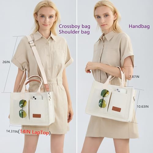 ZHMO Canvas Tote Bag for Women,Women's Bags Crossbody Bags Work Laptop Tote Bag Large Handbags Purse for Travel Nurse Teacher - color: Beige With Compartments