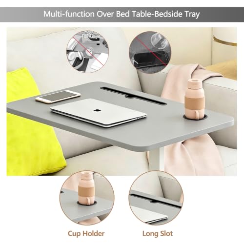 BeGyoku Overbed Table,Over The Bed Table with Hidden Wheels&Cup Holder,Adjustable Bedside Table and Rolling Table Tray&Laptop Cart,Hospital Table Over Bed for Home Use(Gray) - color: Grey