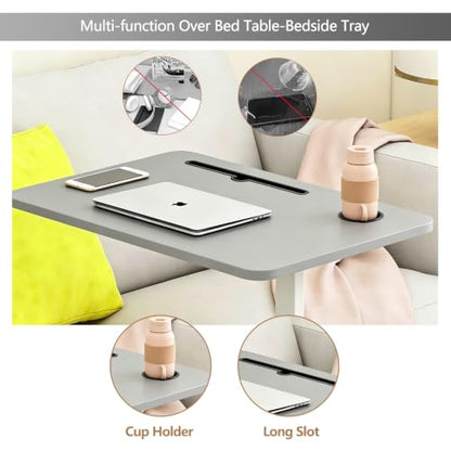 BeGyoku Overbed Table,Over The Bed Table with Hidden Wheels&Cup Holder,Adjustable Bedside Table and Rolling Table Tray&Laptop Cart,Hospital Table Over Bed for Home Use(Gray) - color: Grey