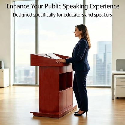 Podium Stand, Podium with Wheels, Floor Standing Speaking Poidum Lectern Stand, Church Pulpit with Storage, Office Wooden Reception Desk, Host Stand for School Conference | Walnut - color: Walnut