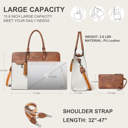 15.6 Inch Laptop Tote Bag with Clutch Purse for Women | Water-Resistant Vegan Leather Computer Briefcase with Satchel Purse,Professional Business Tote,Casual Handbag,Work Office - color: Beige With Brown