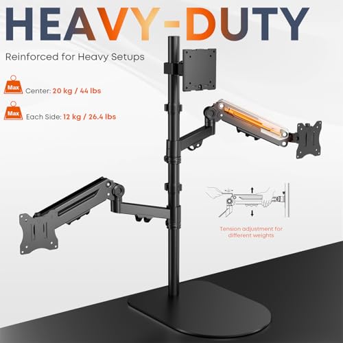 PUTORSEN Freestanding Triple Monitor Stand, Up to 49", Holds 44 lbs | Fully Adjustable Heavy-Duty Gas Spring Arm, VESA 75/100mm, Larger base and built-in cable management, Black - size: Triple Arms