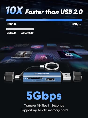 Dockteck SD Card Reader Adapter, 5G Super Speed USB3.0 SD/TF Card Reader, 3-Slot USB A/C to SD/Micro SD/USB A Memory Card Reader for UHS-I SD/Micro SD/SDHC/SDXC/MMC, with OTG for Plug&Play - color: Blue