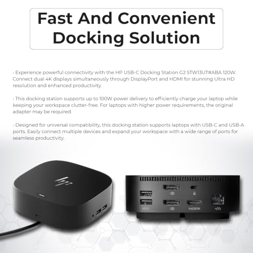 HP USB-C Docking Station G2 5TW13UT#ABA 120W for Laptop & Notebook, Dual Monitor Dock with HDMI & Dual DisplayPort Cable, USB-C to C Cable and Cloth (Renewed)