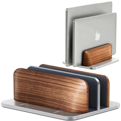 JCZT Vertical Laptop Stand, Walnut Dual Laptop Holder, Silver | with Adjustable Aluminum Alloy Base Laptop Stand for All MacBok/Surface/Samsung/HP/Dell/Chrome Book Laptops (Up to 17.3 inch) - color: Silver