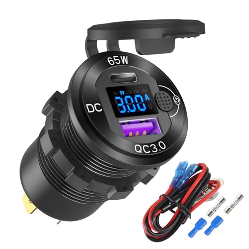 12V USB Outlet Aluminum Car Charger PD65W Port for Laptops, Quick Charge 3.0 USB Port for Car, Built-in Boost 15V 20V Output Socket Waterproof with Voltmeter and Switch for RV Marine Boat, etc