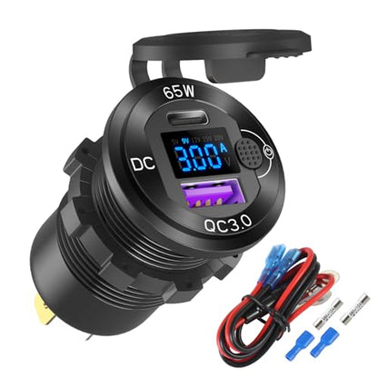 12V USB Outlet Aluminum Car Charger PD65W Port for Laptops, Quick Charge 3.0 USB Port for Car, Built-in Boost 15V 20V Output Socket Waterproof with Voltmeter and Switch for RV Marine Boat, etc