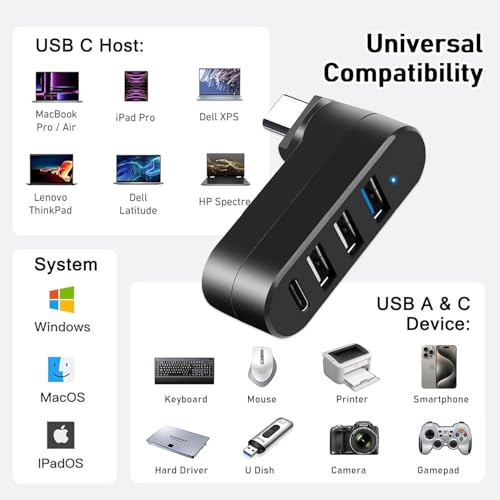 4-Port USB C Hub [90°/180° Degree Rotatable], USB C Adapter Splitter with PD-in 5W Port, USB Extender for MacBook, iMac, Surface, and More C Port Laptop(Not for Car) - style: USB-C