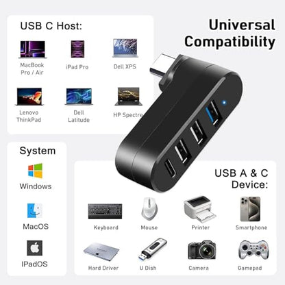 4-Port USB C Hub [90°/180° Degree Rotatable], USB C Adapter Splitter with PD-in 5W Port, USB Extender for MacBook, iMac, Surface, and More C Port Laptop(Not for Car) - style: USB-C
