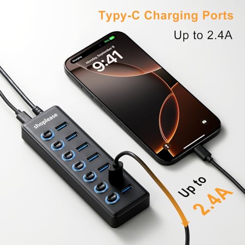 USB 3.0 SuperSpeed Hub with 1M Line, 7 Ports Splitter with Individual Power Switches and LED Light