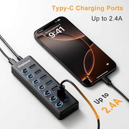 USB 3.0 SuperSpeed Hub with 1M Line, 7 Ports Splitter with Individual Power Switches and LED Light