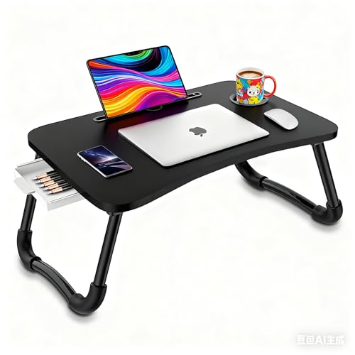 Fayquaze Laptop Bed Table, Portable Foldable Laptop Bed Desk with Storage Drawer and Cup Holder, Lap Desk Lap Stand Tray Table Floor Table Serving Tray for Eating, Reading and Working - color: Black